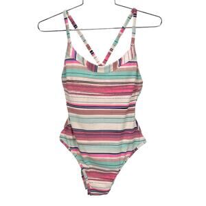 NWT JESSICA SIMPSON Multi Color Striped Low Back One Piece Swimsuit Sz Small